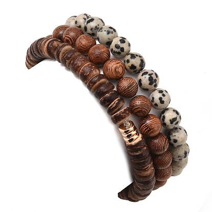 3Pcs 3 Style Natural Dalmatian & Coir Wood Bbeaded Stretch Bracelets Set, Tibetan dZi Stackable Bracelets