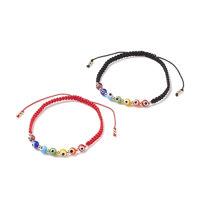 2Pcs 2 Colors Lampwork Round Evil Eye Braided Bead Bracelets Set, Adjustable Bracelets for Women
