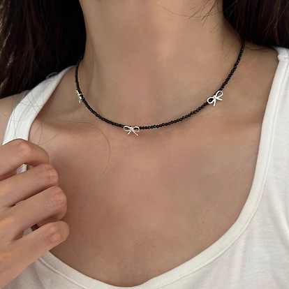 925 Женские ожерелья-банты из стерлингового серебра и натурального обсидиана