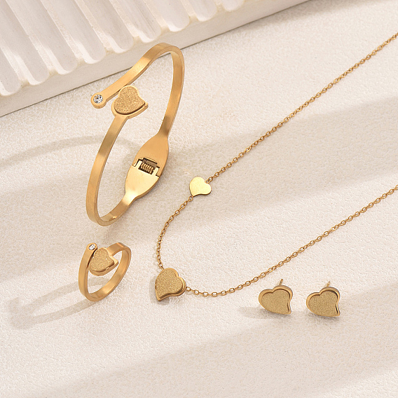 201 Комплект из браслета, сережек, ожерелий и колец из нержавеющей стали в форме сердца для женщин и свиданий
