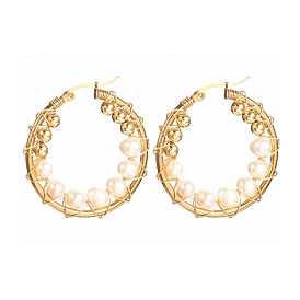 Natural Freshwater Pearl Hoop Earrings for Women, Copper Wire Wrapped Brass Beads Earring
