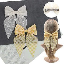 600Pcs 2Styles Tartan & Flower Pattern Bowknot Polyester Hair Barrettes, with Iron Clips, for Women Girls