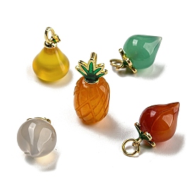 Pineapple/Pear/Peach Natural Agate(Dyed & Heated) Pendants, Fruits Charms with Golden Plated Metal Leaf