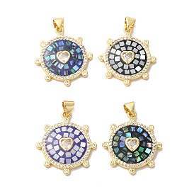 Sun with Heart Brass Micro Pave Cubic Zirconia Pendants, with Enamel & Shell, Long-Lasting Plated, Lead Free & Cadmium Free, Real 18K Gold Plated