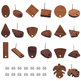 20Pairs 10 Style Walnut Wood Stud Earring Findings, with 304 Stainless Steel Pin, Leaf, 40Pcs 201 Stainless Steel Ear Nuts, Oval & Shield & Trapezoid & Rhombus & Teardrop