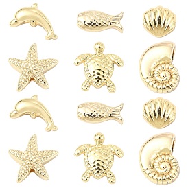 12Pcs 6 Styles Rack Plating Brass Beads, Cadmium Free & Nickel Free & Lead Free, Mixed Shapes