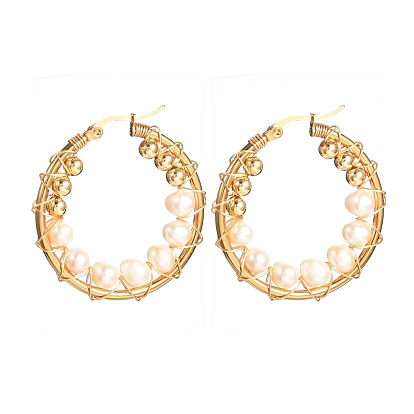 Natural Freshwater Pearl Hoop Earrings for Women, Copper Wire Wrapped Brass Beads Earring
