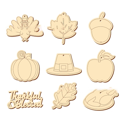 Thanksgiving Day Theme Unfinished Blank Natural Wood Big Pendants, Laser Cut, Turkey/Pumpkin/Maple Leaf