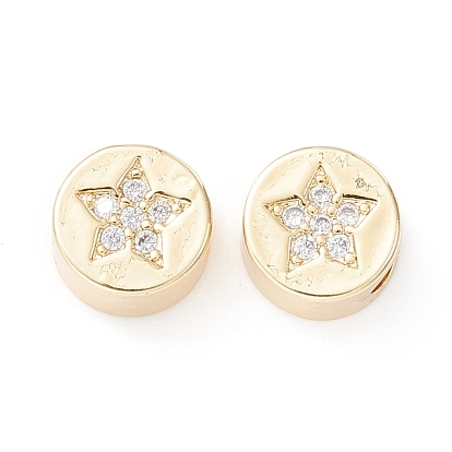 Brass Micro Pave Clear Cubic Zirconia Beads, Long-Lasting Plated, Cadmium Free & Lead Free, Flat Round with Star Pattern