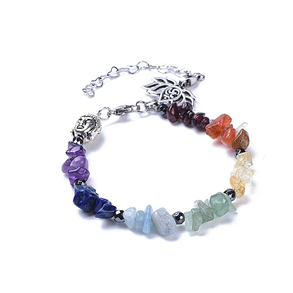 Natural & Synthetic Mixed Stone Charm Bracelets, with 304 Stainless Steel Findings and Brass Findings, Lotus
