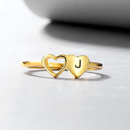 925 Sterling Silver Double Heart Letter J Finger Rings for Women