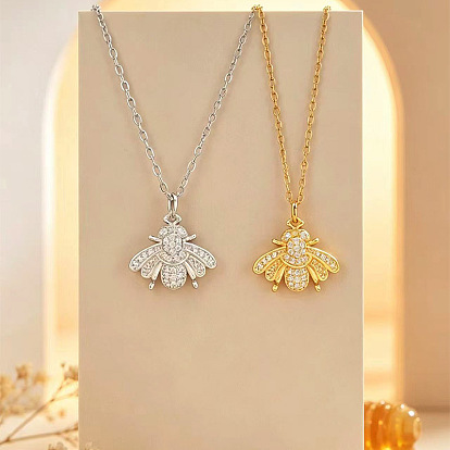 Brass Micro Pave Clear Cubic Zirconia Bees Pendant 304 Stainless Steel Cable Chain Necklaces for Women