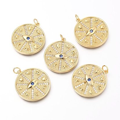 Подвески из латуни с прозрачным микропейвом и синим фианитом, с прыжковых колец, плоские круглые с глаз