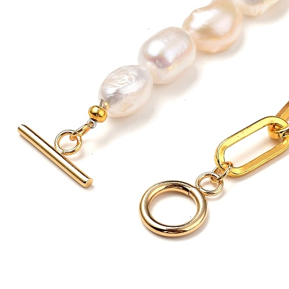 Natural Baroque Pearl Keshi Pearl Beaded Bracelets, with Iron Paperclip Chains and 304 Stainless Steel Toggle Clasps