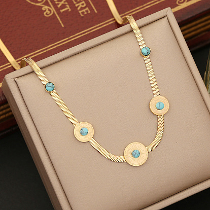 Stylish Turquoise Stainless Steel Jewelry Set with Flat Snake Chain Collarbone Necklace N1176