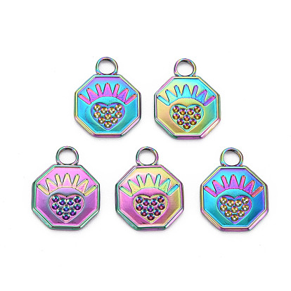 Rainbow Color 201 Stainless Steel Pendant Rhinestone Settings, Octagon