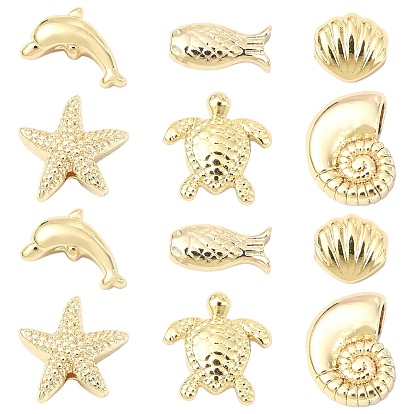 12Pcs 6 Styles Rack Plating Brass Beads, Cadmium Free & Nickel Free & Lead Free, Mixed Shapes