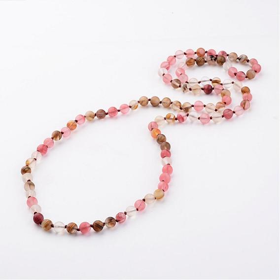 Natural Tigerskin Glass Necklaces, Beaded Necklaces, Round, Frosted, 36.6 inch(93cm)