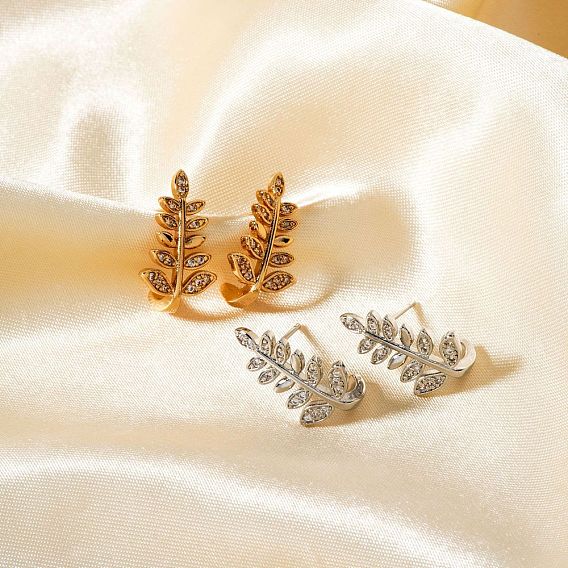 Fashionable and Versatile 3D Leaf Stud Earrings with Copper, Zirconia Stone