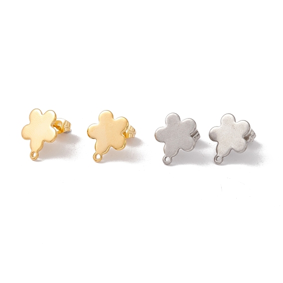 201 Stainless Steel Stud Earring Findings, with 304 Stainless Steel Pins, Horizontal Loops and Ear Nuts, Flower