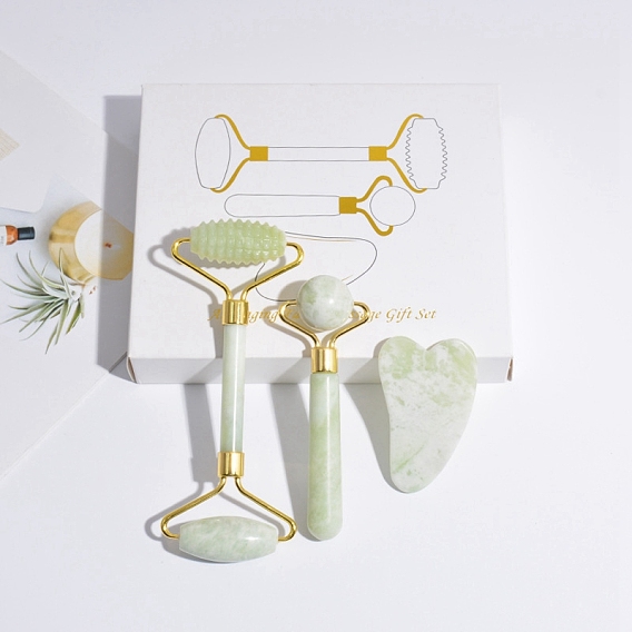 Натуральные массажные инструменты из нефрита Сюянь, в том числе 1 двухсторонний валик для лица из ПК, 1 односторонний ролик для лица из ПК и скребковая доска для гуаша из ПК.