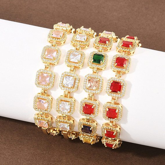Квадратные латунные браслеты с микропаве из прозрачных кубических цирконий и стеклянных звеньев., долговечный, без свинца и без кадмия, реальный 18 k позолоченный