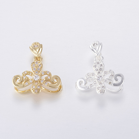 Brass Micro Pave Cubic Zirconia Pendant Pinch Bails, Long-Lasting Plated, Flower