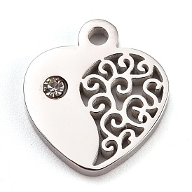 304 Stainless Steel Charms, Manual Polishing, with Crystal Rhinestone, Heart