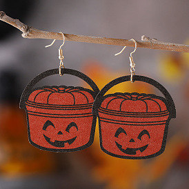 Halloween Wood Earrings, with Stainless Steel Earrings Hook, Pumpkin