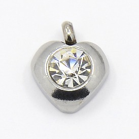 201 Stainless Steel Rhinestone Heart Charm Pendants, Grade A, Faceted, 9x8x4mm, Hole: 1mm
