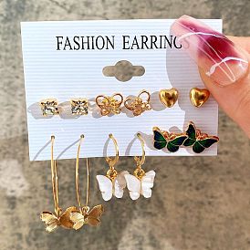 Ensemble de boucles d'oreilles simples en acrylique avec pierre de cœur et papillon - 6 paires