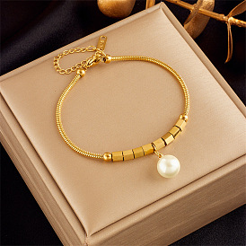 Chic Titanium Metal Cube Pearl-like Pendant Bracelet with Spaced Beaded Chain