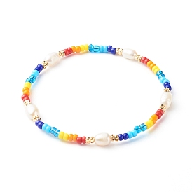 Natural Pearl & Glass Beaded Bracelets, Stretch Bracelets, with Brass Beads