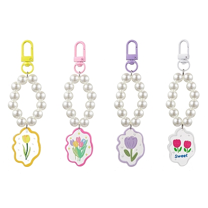 Alloy Acrylic Pendant Decorations, with Imitation Pearl Acrylic Beads, Flower Patterns