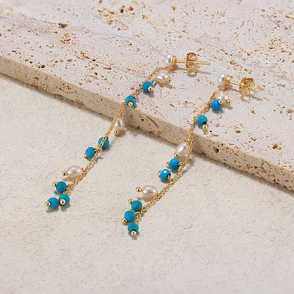 Dyed Natural Turquoise & Pearl Dangle Stud Earrings, 925 Sterling Silver Tassel Earrings, with S925 Stamp