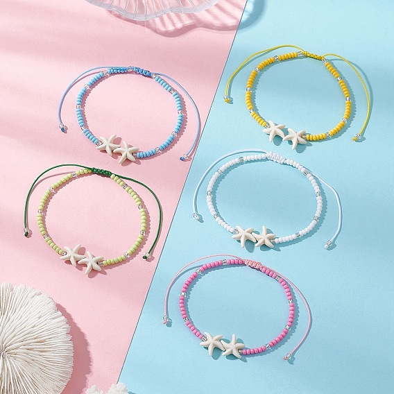 Браслеты из синтетической бирюзы и стеклянного бисера, сплетенные из бисера., Регулируемые браслеты из плетеного нейлонового шнура для женщин, морская звезда