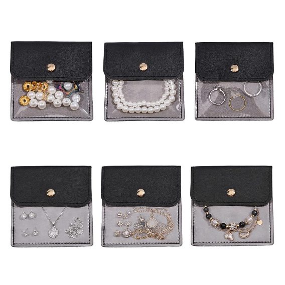 6 Pochettes en cuir PU et PVC avec bouton-pression, fournitures de stockage de bijoux, carrée