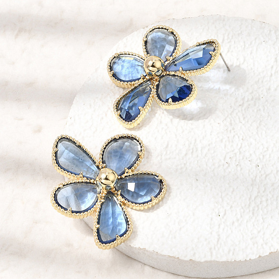 Brass Glass Stud Earrings for Women, Flower