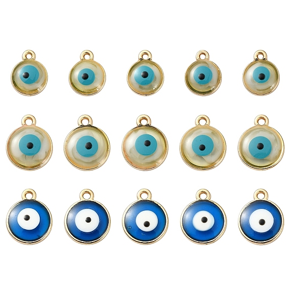 15 шт. 3 стили подвески с эмалью из эпоксидной смолы, Злые чары глаз, с реечным покрытием из сплава светло-золотистого цвета с открытой задней панелью, без кадмия, без никеля и без свинца