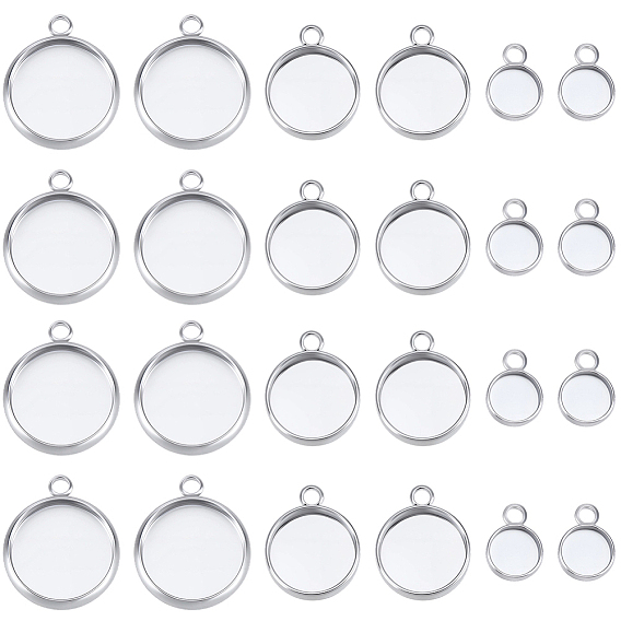 24Pcs 3 Styles Brass Pendant Cabochon Settings, Plain Edge Bezel Cups, Flat Round, Nickel Free