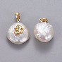 Natural Cultured Freshwater Pearl Pendants, with Brass Micro Pave Cubic Zirconia Findings, Nuggets with Yoga/Ohm, Long-Lasting Plated, Golden