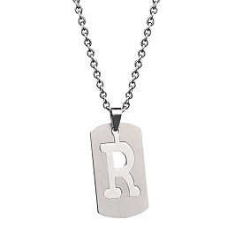 Titanium Steel Initial Letter Rectangle Pendant Necklace with Cable Chains for Men Women, Platinum
