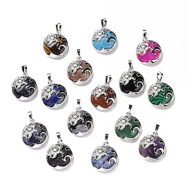 Natural & Synthetic Gemstone Pendants, with Platinum Tone Brass Findings, Mixed Dyed and Undyed, Flat Round with Sea Turtles