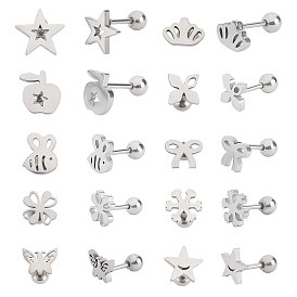 20 Pairs 10 Styles 304 Stainless Steel Barbell Cartilage Earrings, Screw Back Earrings, Mixed Shapes