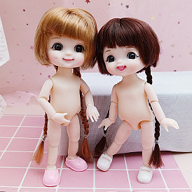 Plastic Movable Joints Action Figure Body, with Head & Blunt Bangs & Long Braid Hairstyle, Different Expressions, for Female BJD Doll Accessories Marking, Chestnut & Dark Brown