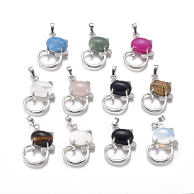 Gemstone Kitten Pendants, with Platinum Tone Brass Findings and Crystal Rhinestone, Cat with Bowknot Shape