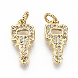 Brass Micro Pave Clear Cubic Zirconia Pendants, with Jump Rings, Nickel Free, Key