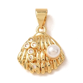 Brass Micro Pave Clear Cubic Zirconia with Plastic Pearl Charms, Shell Shape Charms