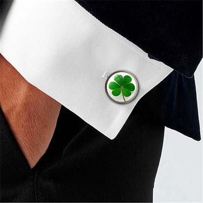 Saint Patrick's Day Glass Cufflinks for Men, with Brass Finding, Half Round with Clover