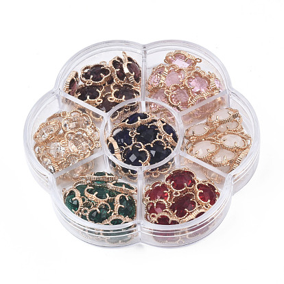 70Pcs 7 Colors K9 Glass Connector Charms, with Light Gold Plated Brass Findings, Flower, Faceted